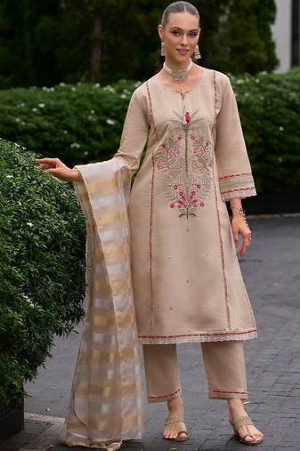 women ethnic motifs embroidered regular thread work kurta with trousers & with dupatta