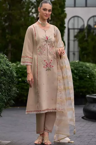 women ethnic motifs embroidered regular thread work kurta with trousers & with dupatta