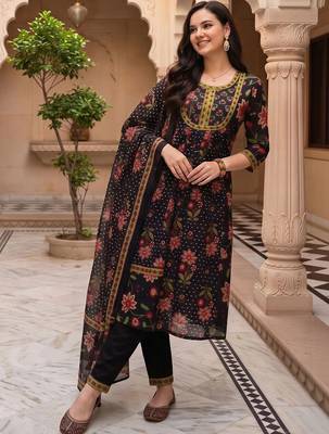 women floral printed regular cotton kurta with trousers & with dupatta 1