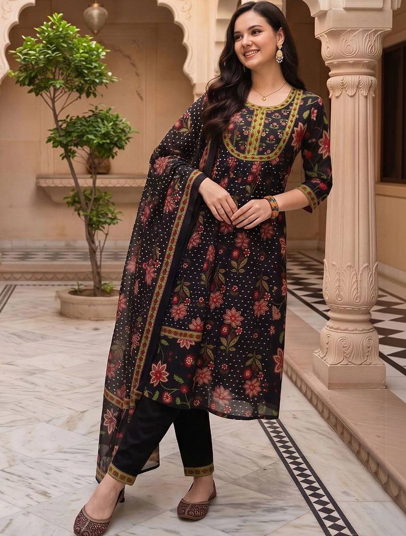 women floral printed regular cotton kurta with trousers & with dupatta
