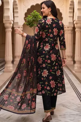 women floral printed regular cotton kurta with trousers & with dupatta