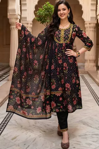 women floral printed regular cotton kurta with trousers & with dupatta