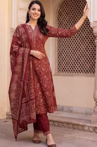 women ethnic motifs printed regular cotton kurta with trousers & with dupatta