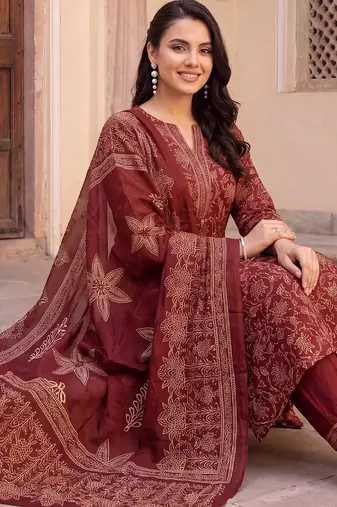 women ethnic motifs printed regular cotton kurta with trousers & with dupatta