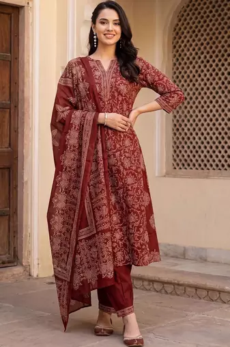 women ethnic motifs printed regular cotton kurta with trousers & with dupatta