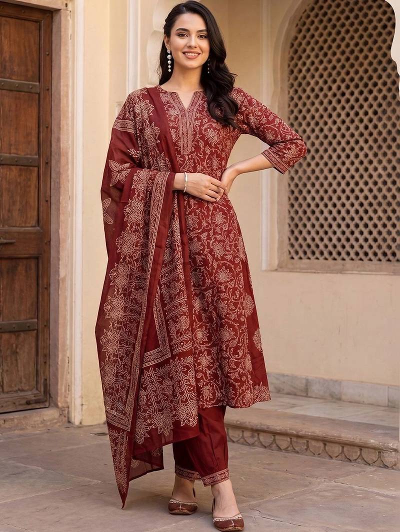 women ethnic motifs printed regular cotton kurta with trousers & with dupatta