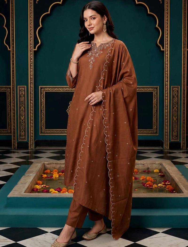 women ethnic motifs embroidered regular thread work kurta with trousers & with dupatta