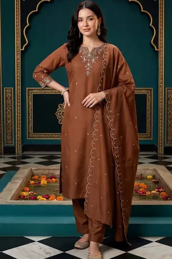 women ethnic motifs embroidered regular thread work kurta with trousers & with dupatta