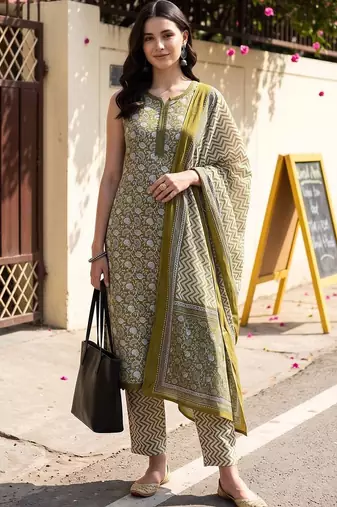 women ethnic motifs printed regular cotton kurta with trousers & with dupatta