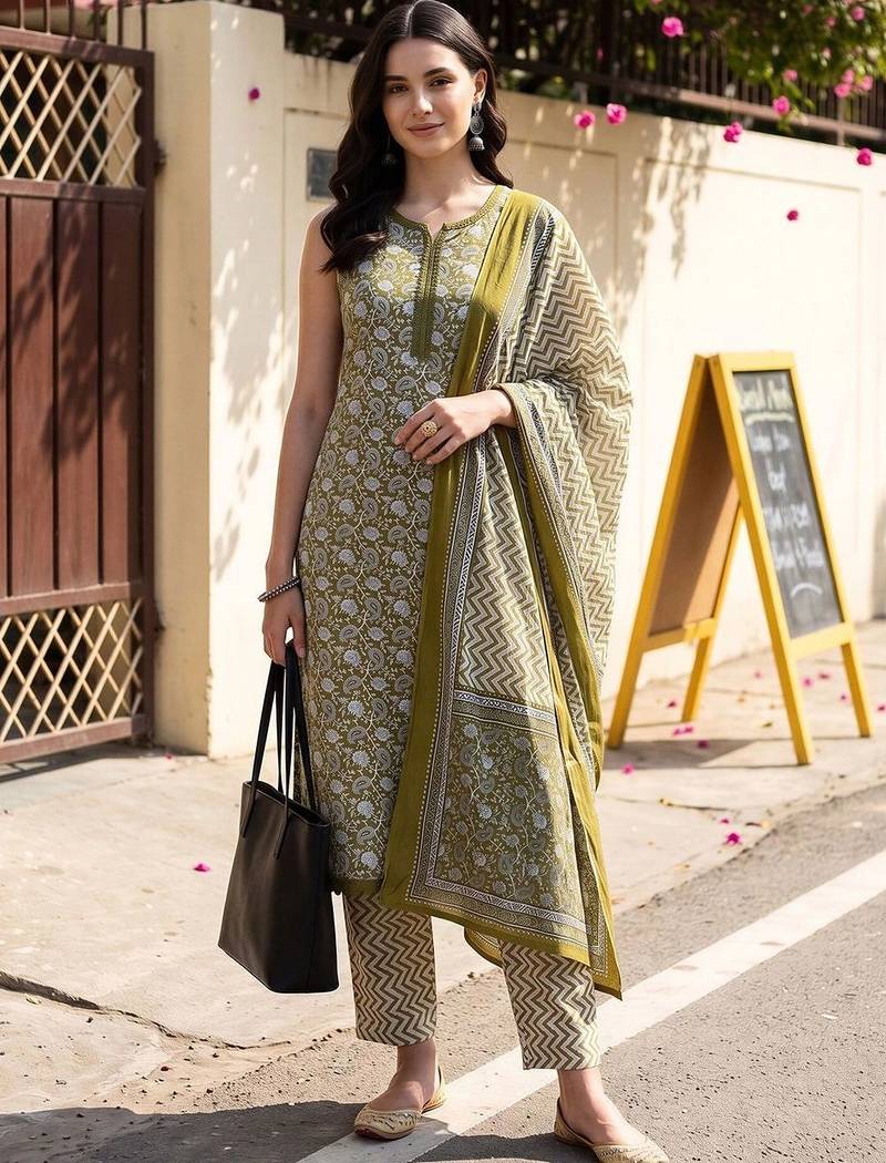 women ethnic motifs printed regular cotton kurta with trousers & with dupatta