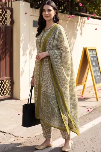 women ethnic motifs printed regular cotton kurta with trousers & with dupatta