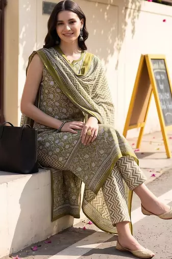women ethnic motifs printed regular cotton kurta with trousers & with dupatta