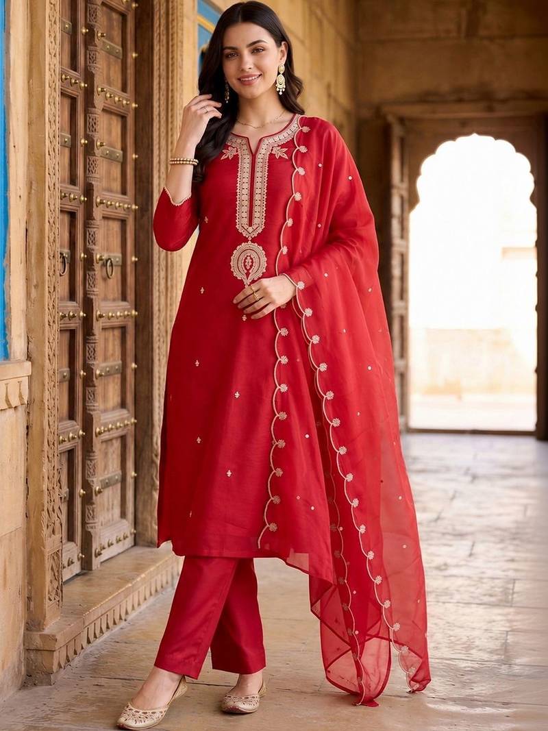 women ethnic motifs embroidered regular liva kurta with trousers & with dupatta