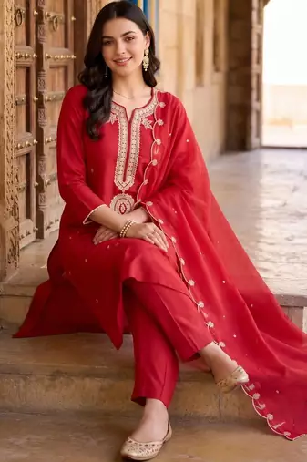women ethnic motifs embroidered regular liva kurta with trousers & with dupatta