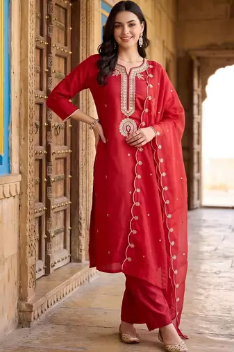women ethnic motifs embroidered regular liva kurta with trousers & with dupatta