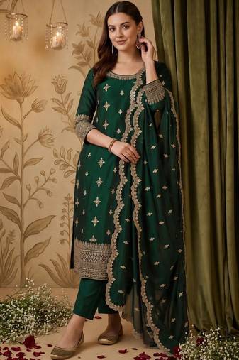 women ethnic motifs embroidered regular thread work kurta with trousers & with dupatta