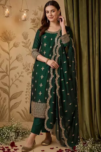 women ethnic motifs embroidered regular thread work kurta with trousers & with dupatta
