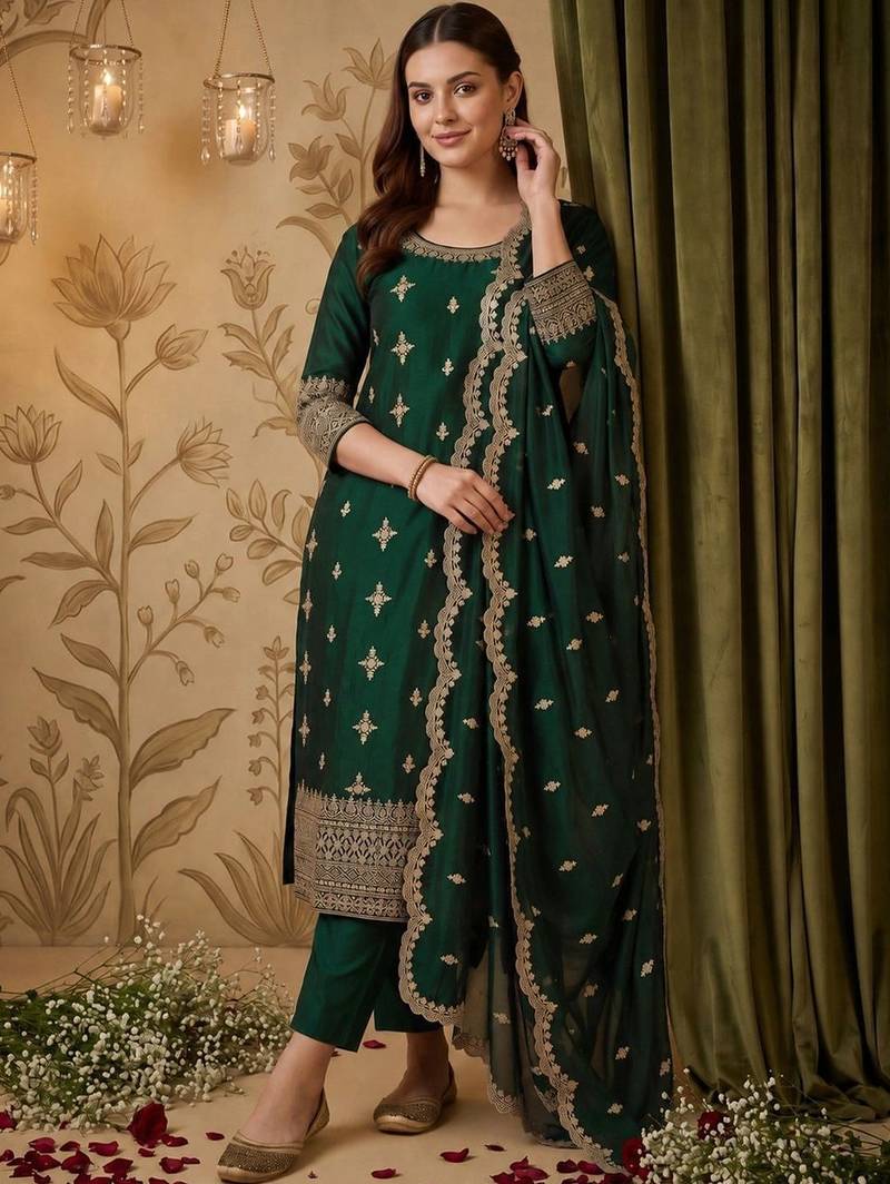 women ethnic motifs embroidered regular thread work kurta with trousers & with dupatta