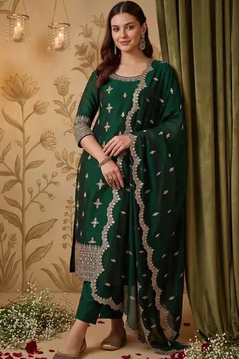 women ethnic motifs embroidered regular thread work kurta with trousers & with dupatta