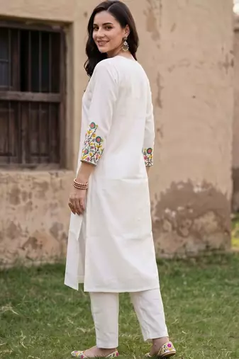 women floral embroidered regular thread work kurta with trousers