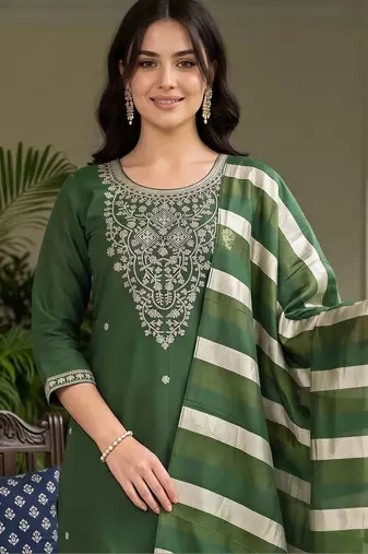 women ethnic motifs embroidered regular thread work kurta with trousers & with dupatta