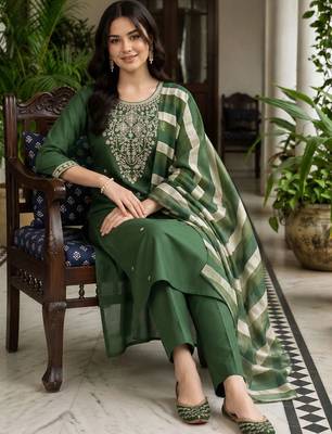 women ethnic motifs embroidered regular thread work kurta with trousers & with dupatta 5