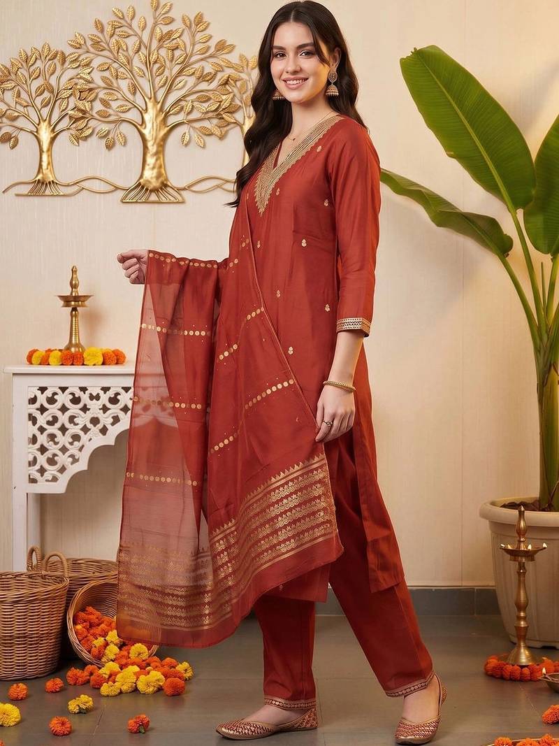 women ethnic motifs embroidered regular kurta with trousers & with dupatta