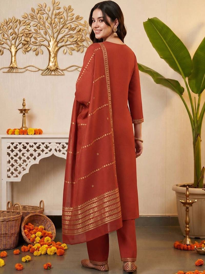 women ethnic motifs embroidered regular kurta with trousers & with dupatta