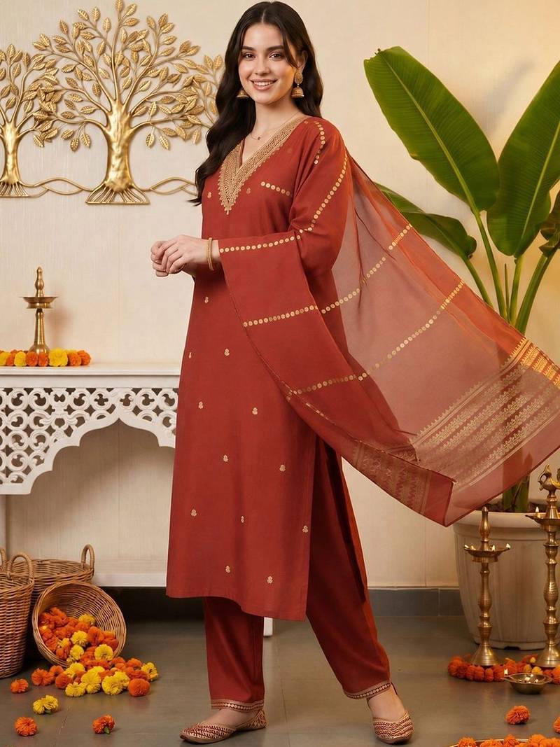 women ethnic motifs embroidered regular kurta with trousers & with dupatta