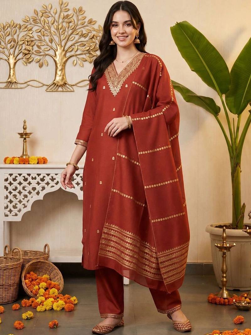 women ethnic motifs embroidered regular kurta with trousers & with dupatta