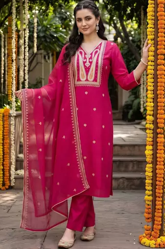 women ethnic motifs embroidered regular thread work liva kurta with trousers & with dupatta