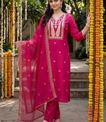 women ethnic motifs embroidered regular thread work liva kurta with trousers & with dupatta