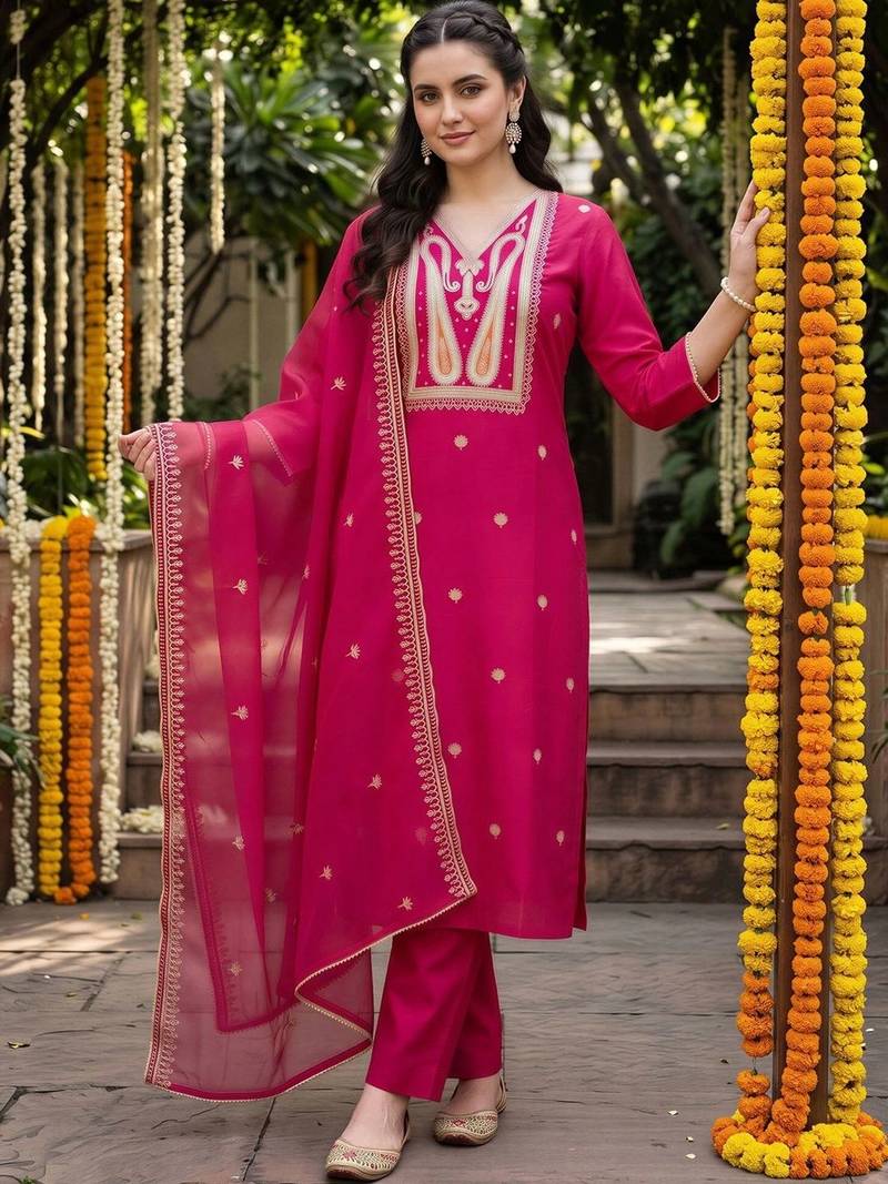 women ethnic motifs embroidered regular thread work liva kurta with trousers & with dupatta