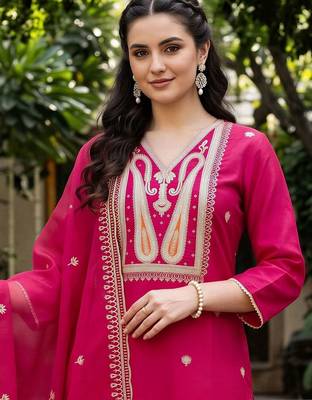women ethnic motifs embroidered regular thread work liva kurta with trousers & with dupatta 2
