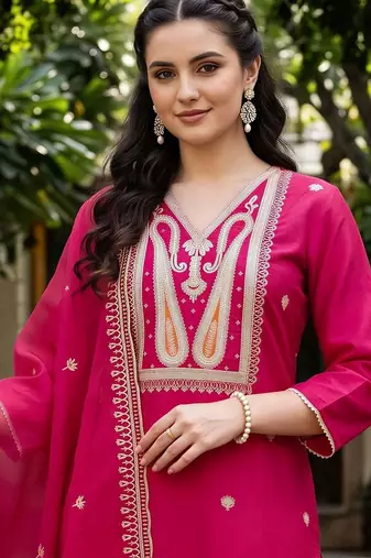 women ethnic motifs embroidered regular thread work liva kurta with trousers & with dupatta