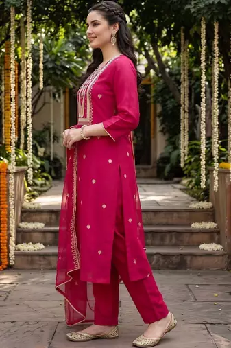 women ethnic motifs embroidered regular thread work liva kurta with trousers & with dupatta