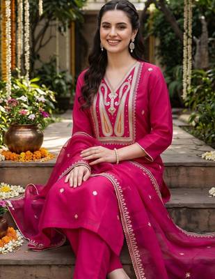 women ethnic motifs embroidered regular thread work liva kurta with trousers & with dupatta 5