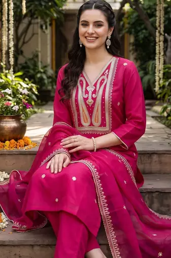 women ethnic motifs embroidered regular thread work liva kurta with trousers & with dupatta