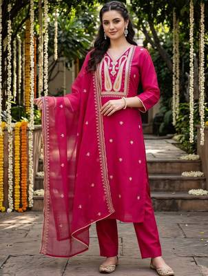 women ethnic motifs embroidered regular thread work liva kurta with trousers & with dupatta 6
