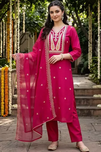 women ethnic motifs embroidered regular thread work liva kurta with trousers & with dupatta