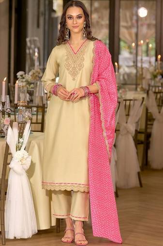 women ethnic motifs embroidered regular thread work kurta with trousers & with dupatta