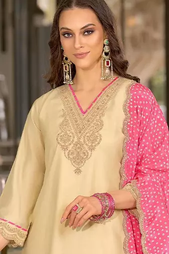 women ethnic motifs embroidered regular thread work kurta with trousers & with dupatta