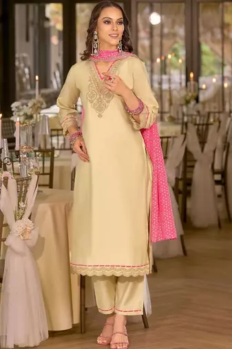 women ethnic motifs embroidered regular thread work kurta with trousers & with dupatta