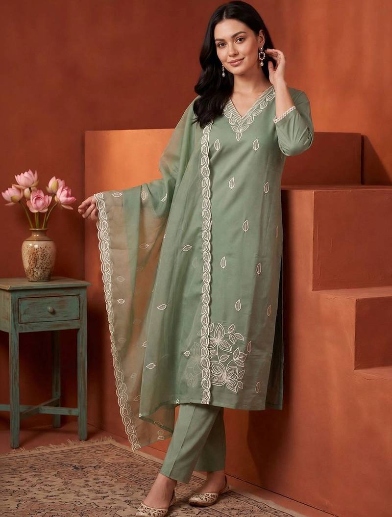 women floral embroidered regular thread work kurta with trousers & with dupatta