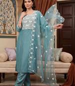 women ethnic motifs embroidered regular thread work kurta with trousers & with dupatta