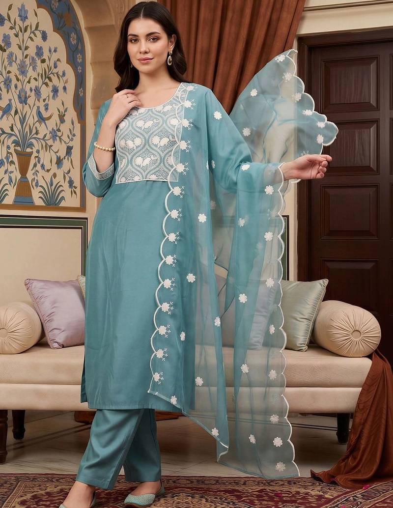 women ethnic motifs embroidered regular thread work kurta with trousers & with dupatta