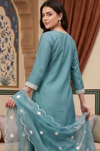 women ethnic motifs embroidered regular thread work kurta with trousers & with dupatta