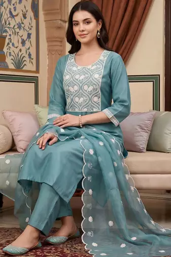 women ethnic motifs embroidered regular thread work kurta with trousers & with dupatta