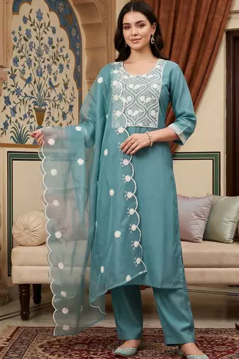 women ethnic motifs embroidered regular thread work kurta with trousers & with dupatta