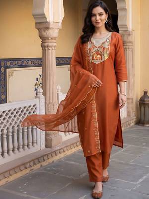 women ethnic motifs embroidered regular thread work kurta with trousers & with dupatta 1